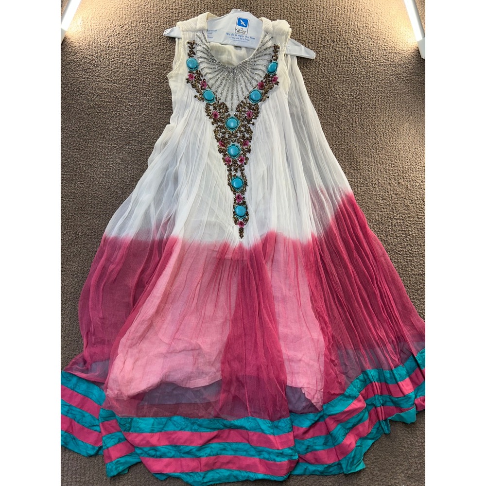 Sajni Ombre Embellished Maxi Dress White Pink Turquoise Beaded Sleeveless Small